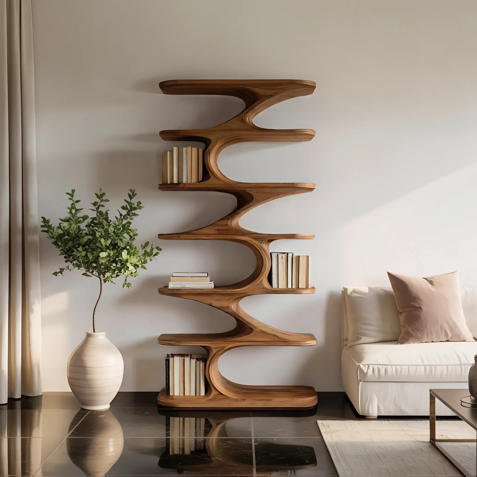 Modern Organic Curved Bookshelf For Living Room Lynnsnail