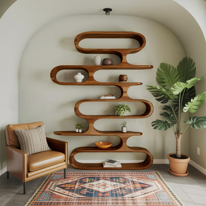 Mid Century Modern Wall Shelf With Flowing Shape For Living Room And Office Lynnsnail