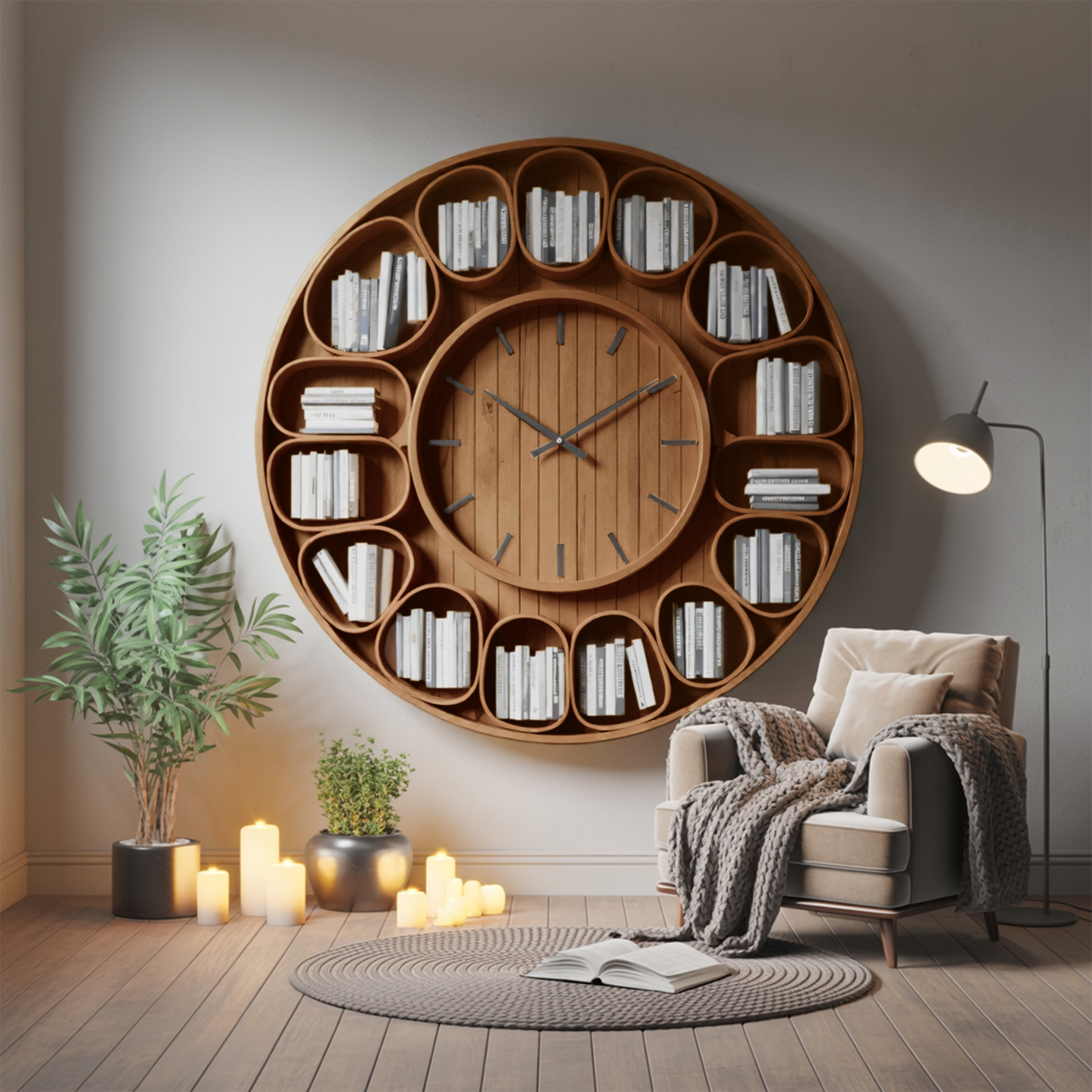 Contemporary Round Wall Bookshelf With Clock For Living Room And Home Office Lynnsnail