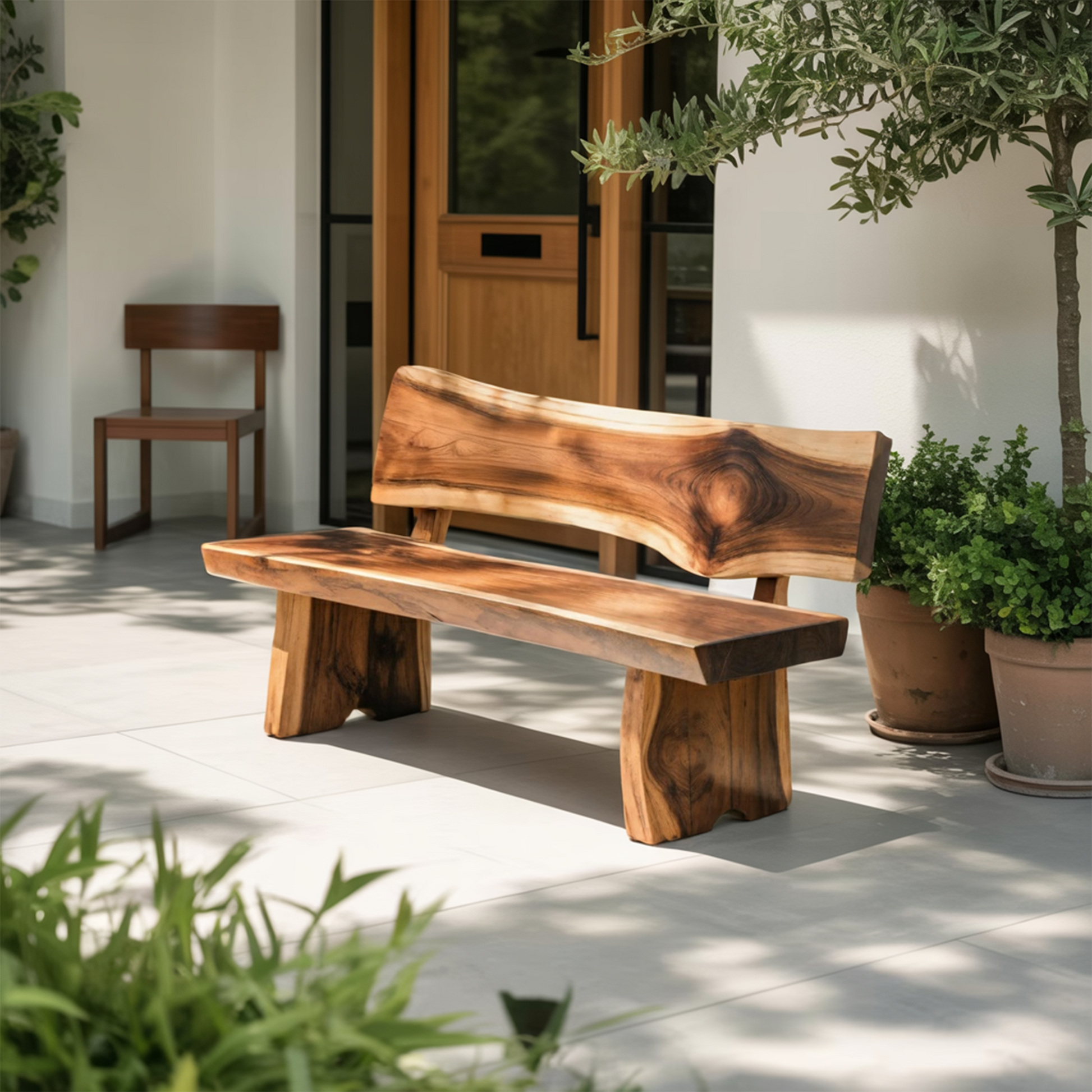 Contemporary Outdoor Wood Bench With Sculpted Back For Patio Or Courtyard Lynnsnail