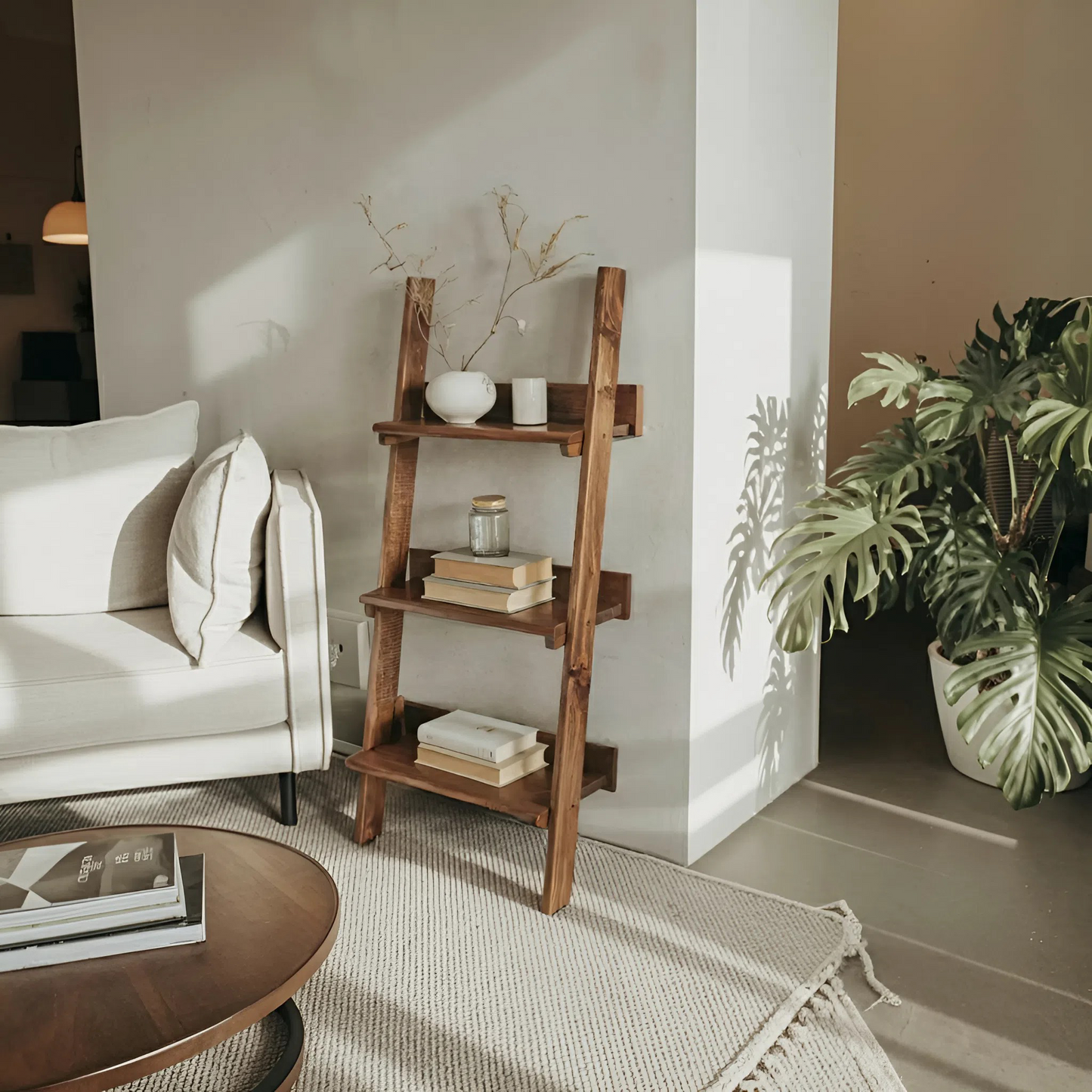 Rustic Ladder Shelf With Tiered Display For Bedroom And Living Room Lynnsnail