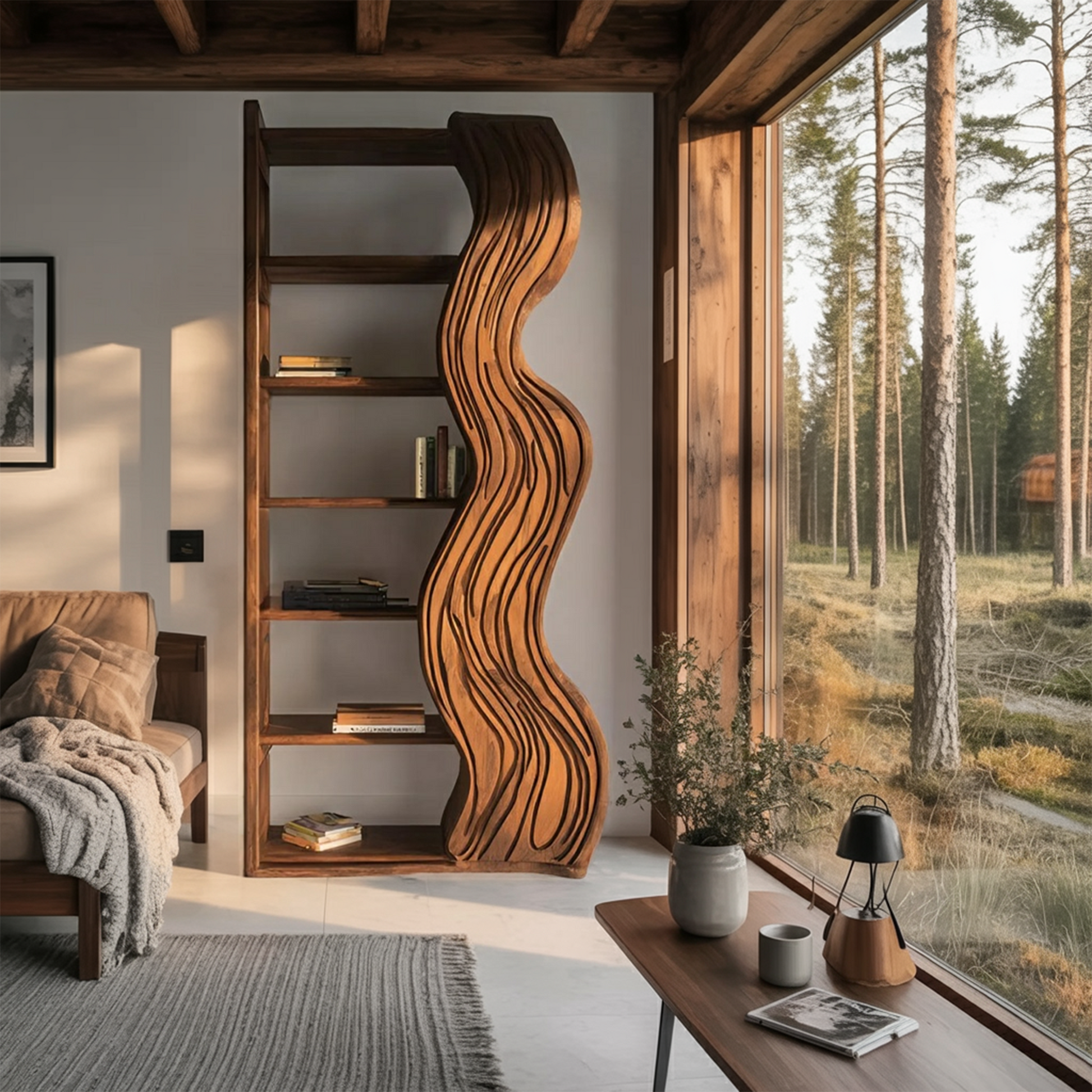 Modern Bookshelf With Wave Carved Side Panel For Office Lynnsnail