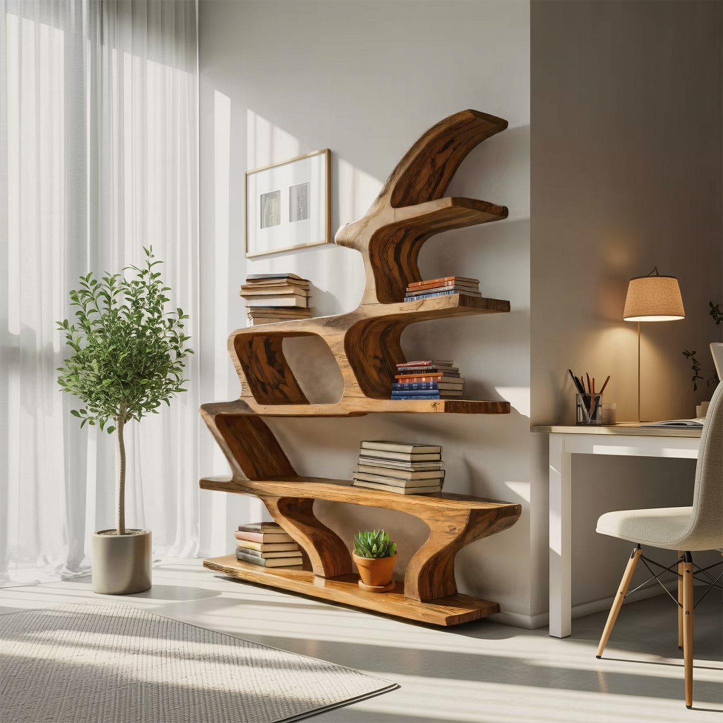 Modern Sculptural Bookshelf With Fluid Shelving For Living Room Lynnsnail