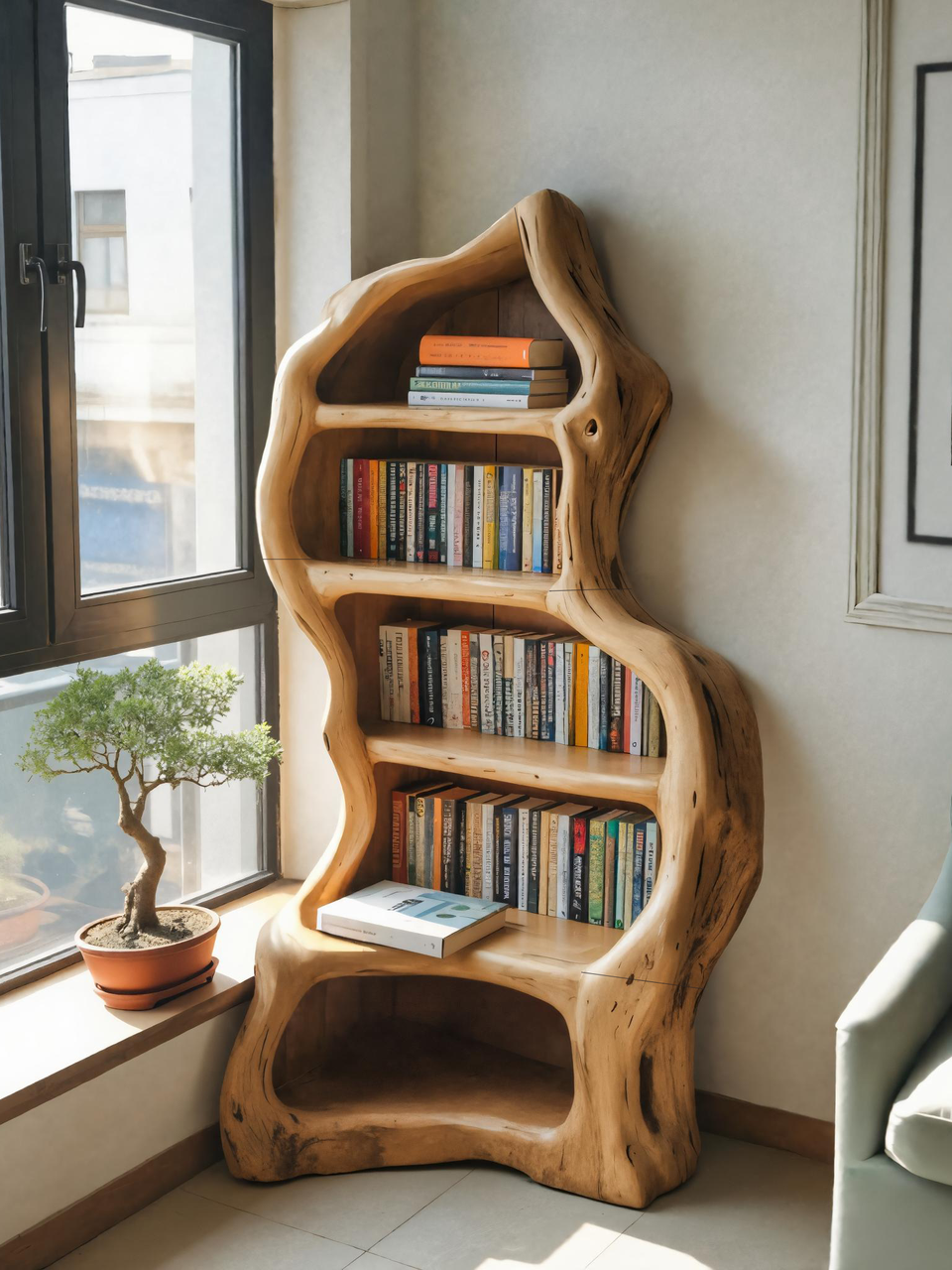 Organic Live Edge Bookshelf For Rustic Living Room Or Office Lynnsnail
