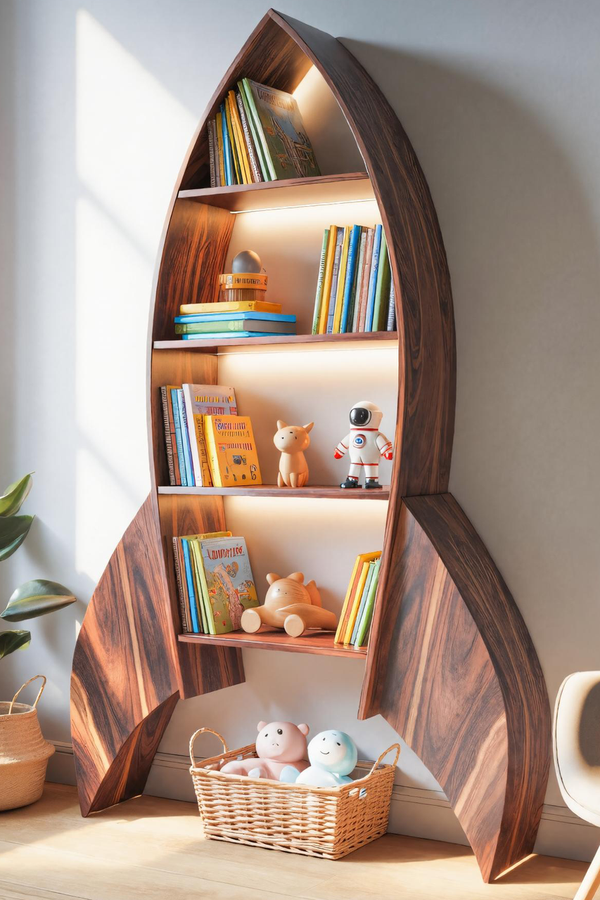 Rocket Shaped Bookshelf For Nursery Or Playroom Lynnsnail