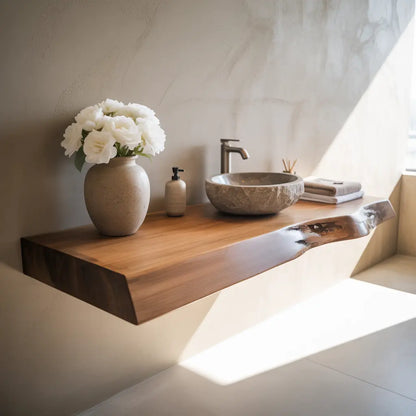 Live Edge Floating Vanity Shelf | Solid Wood Single Sink Bathroom Counter Lynnsnail
