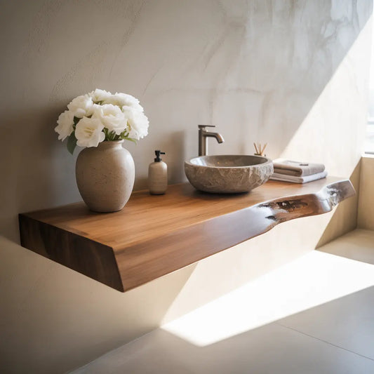 Live Edge Floating Vanity Shelf | Solid Wood Single Sink Bathroom Counter Lynnsnail