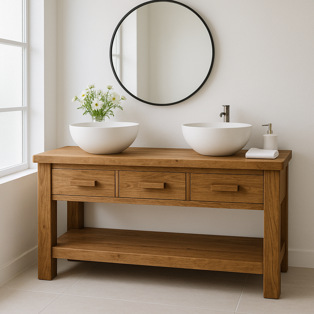 Handcrafted Solid Wood Double Bathroom Vanity – Minimal Rustic Base with 3 Drawers and Open Shelf Lynnsnail