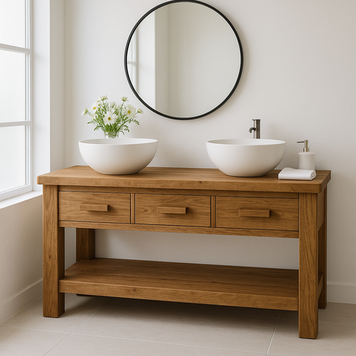 Handcrafted Solid Wood Double Bathroom Vanity – Minimal Rustic Base with 3 Drawers and Open Shelf Lynnsnail