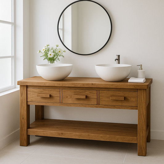 Handcrafted Solid Wood Double Bathroom Vanity – Minimal Rustic Base with 3 Drawers and Open Shelf Lynnsnail