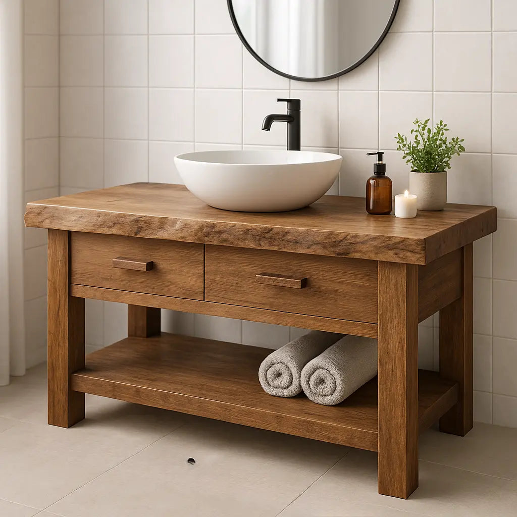 Handcrafted Solid Wood Bathroom Vanity with Live Edge Top and Open Shelf Storage Lynnsnail
