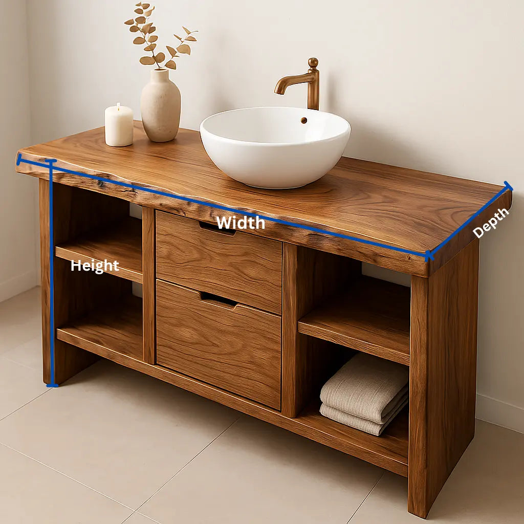 Handcrafted Solid Wood Bathroom Vanity with Live Edge Top and Open Shelves Lynnsnail