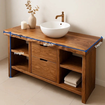 Handcrafted Solid Wood Bathroom Vanity with Live Edge Top and Open Shelves Lynnsnail