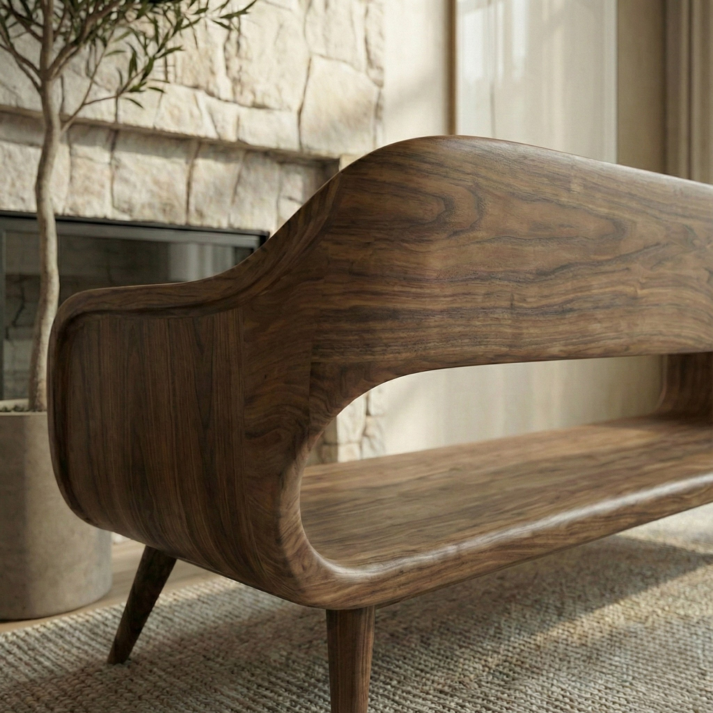 Handcrafted Solid Wood Organic Modern Sofa with Sculpted Curved Form Lynnsnail