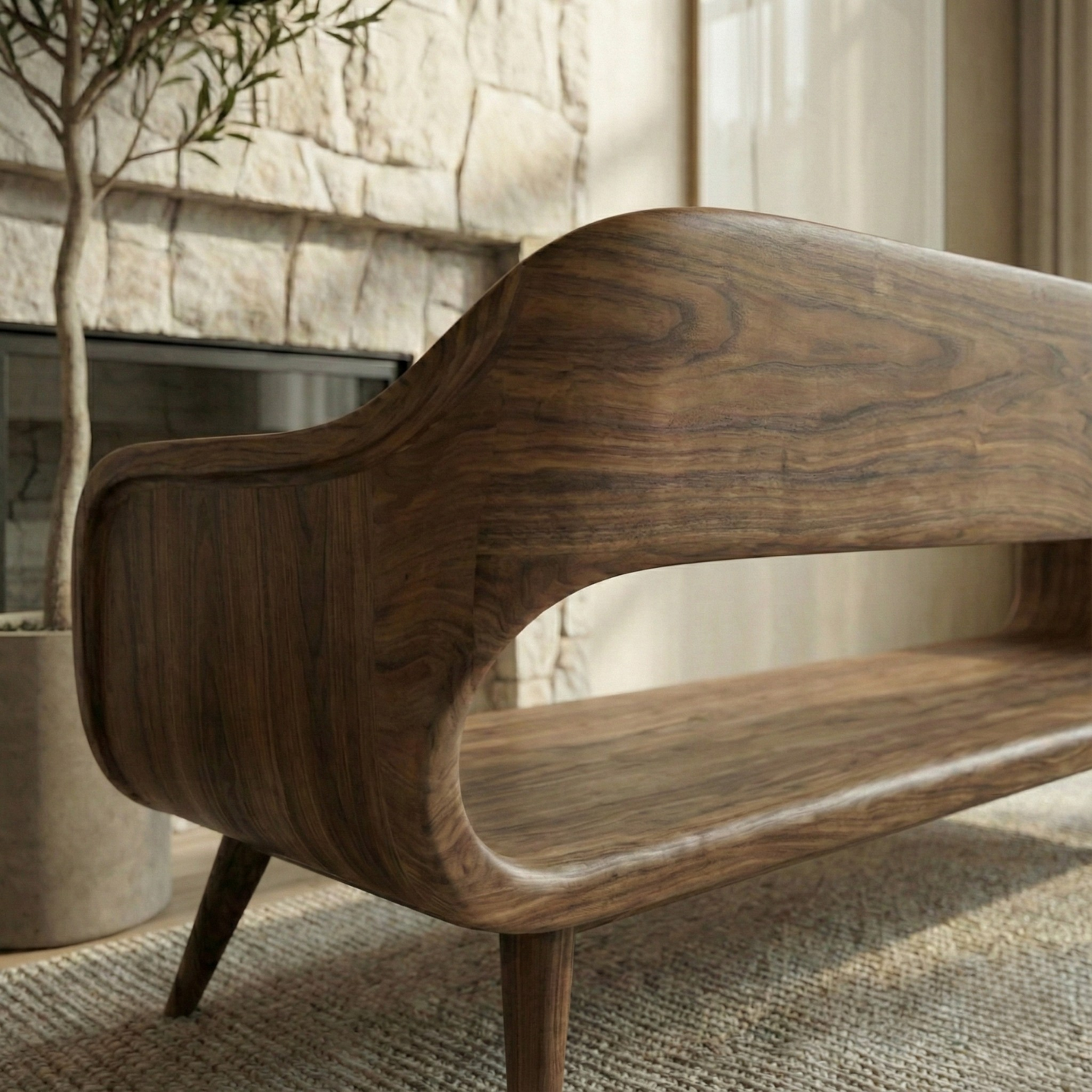 Handcrafted Solid Wood Organic Modern Sofa with Sculpted Curved Form Lynnsnail