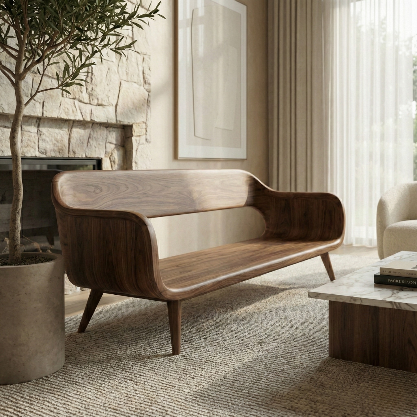 Handcrafted Solid Wood Organic Modern Sofa with Sculpted Curved Form Lynnsnail