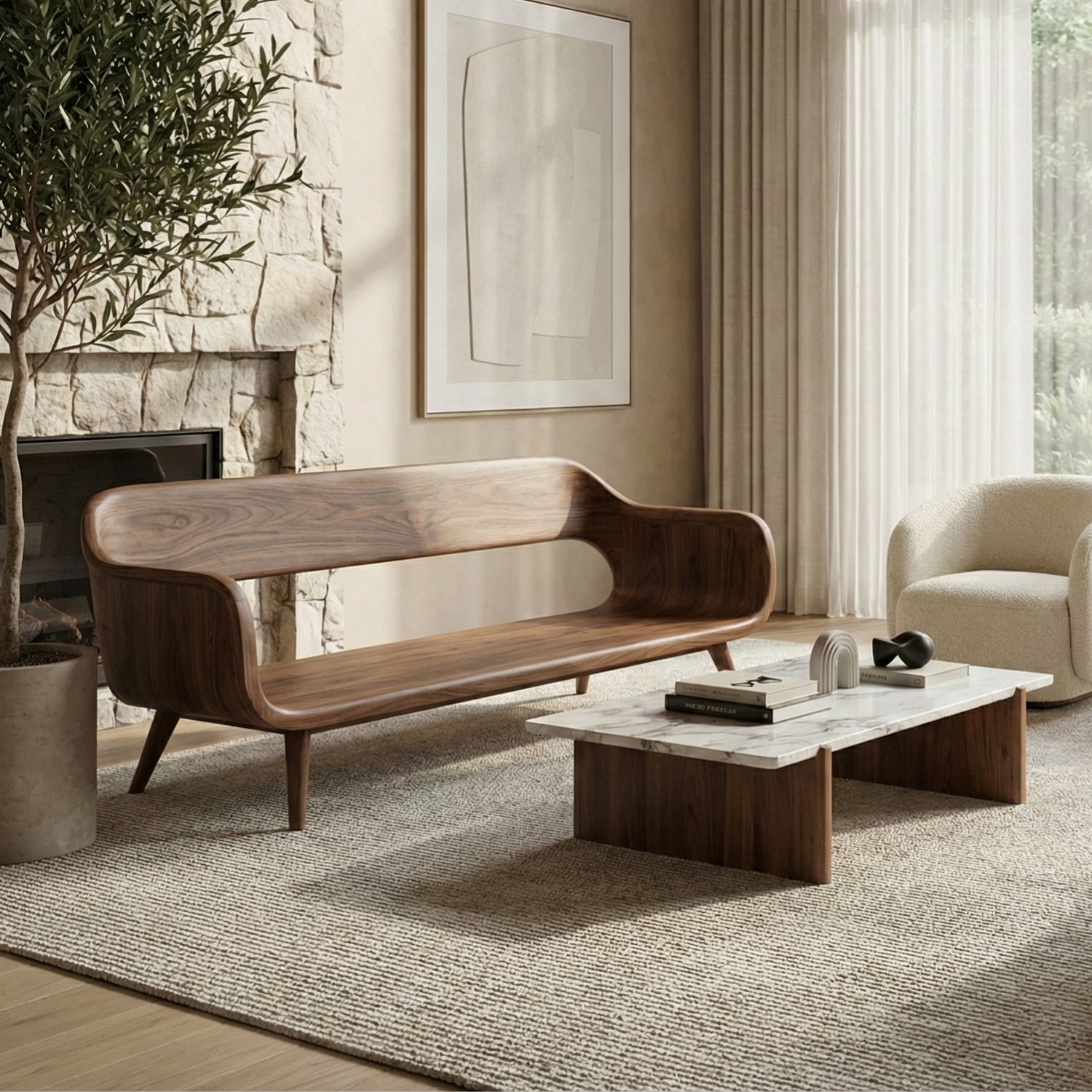 Handcrafted Solid Wood Organic Modern Sofa with Sculpted Curved Form Lynnsnail