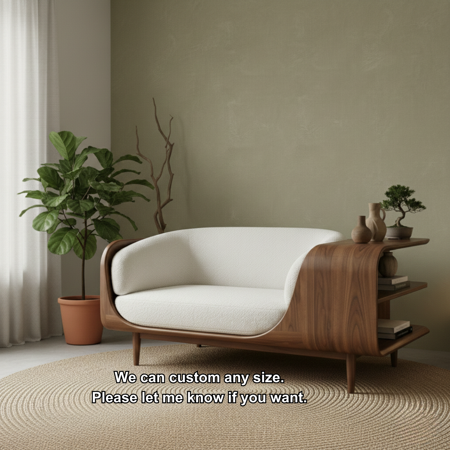 Handcrafted Solid Wood Organic Modern Sofa with Integrated Sculpted Side Shelves Lynnsnail