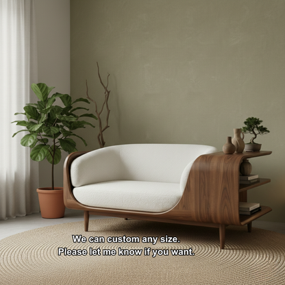 Handcrafted Solid Wood Organic Modern Sofa with Integrated Sculpted Side Shelves Lynnsnail