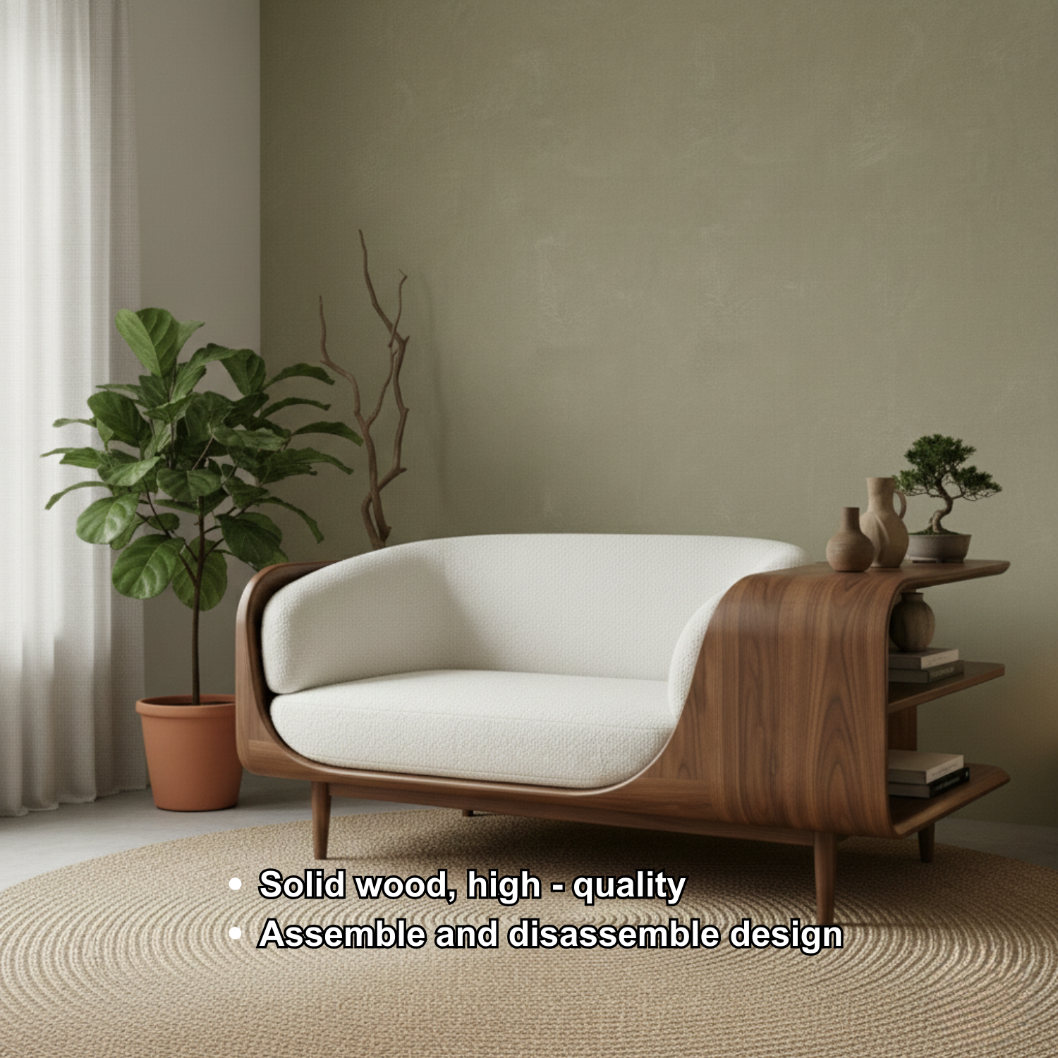 Handcrafted Solid Wood Organic Modern Sofa with Integrated Sculpted Side Shelves Lynnsnail