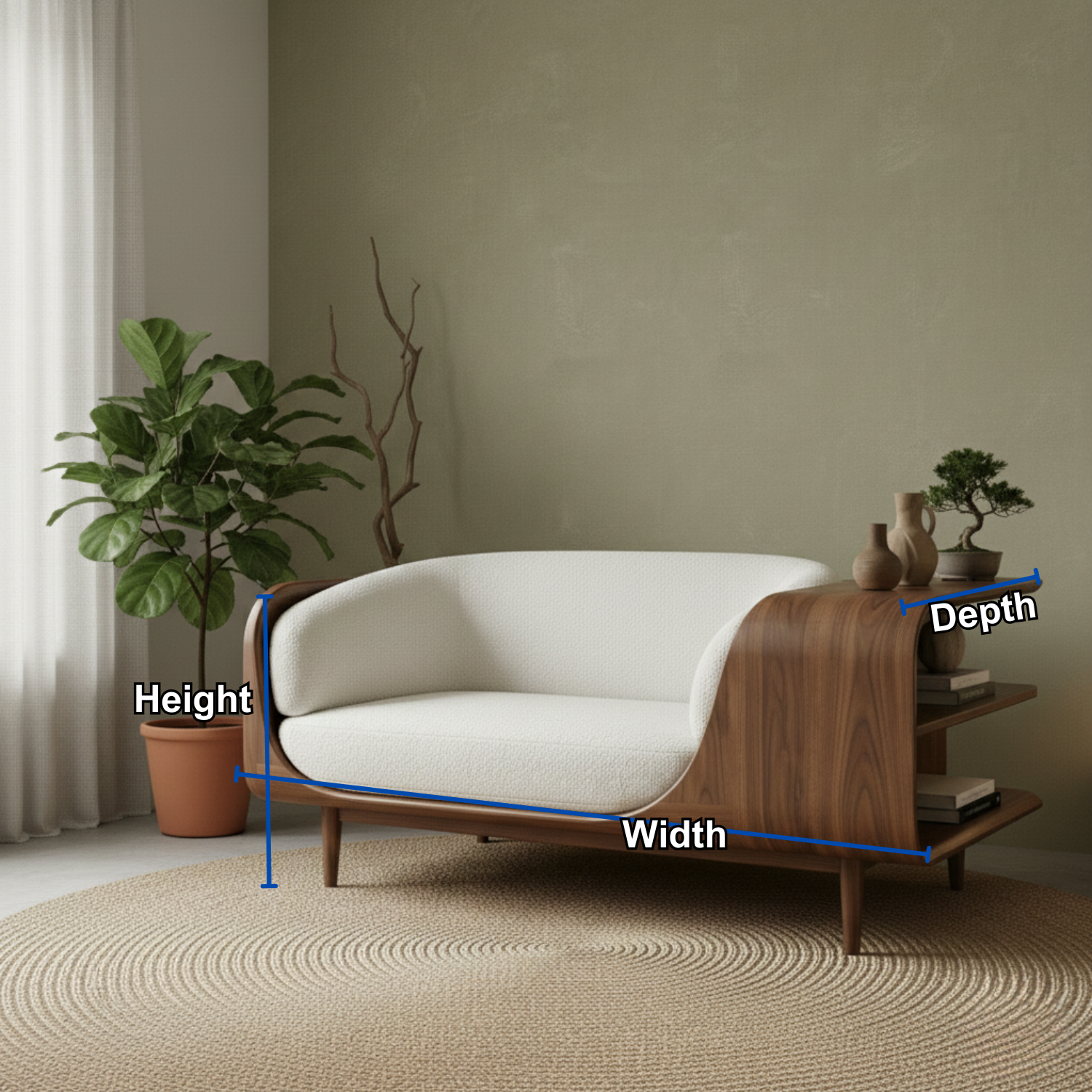 Handcrafted Solid Wood Organic Modern Sofa with Integrated Sculpted Side Shelves Lynnsnail