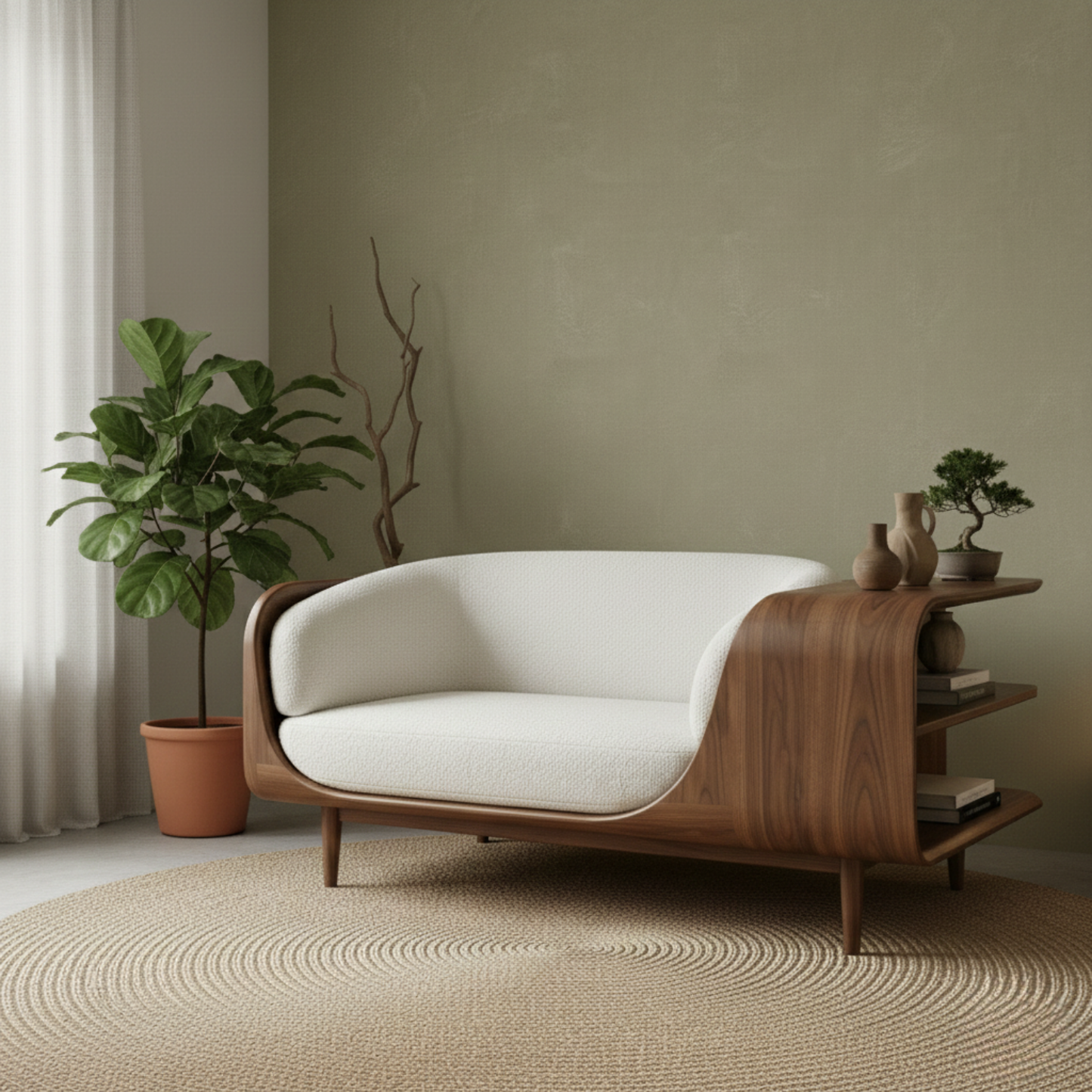 Handcrafted Solid Wood Organic Modern Sofa with Integrated Sculpted Side Shelves Lynnsnail
