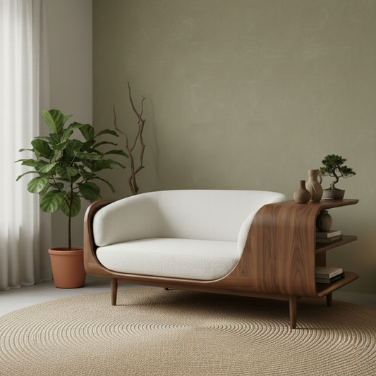 Handcrafted Solid Wood Organic Modern Sofa with Integrated Sculpted Side Shelves Lynnsnail