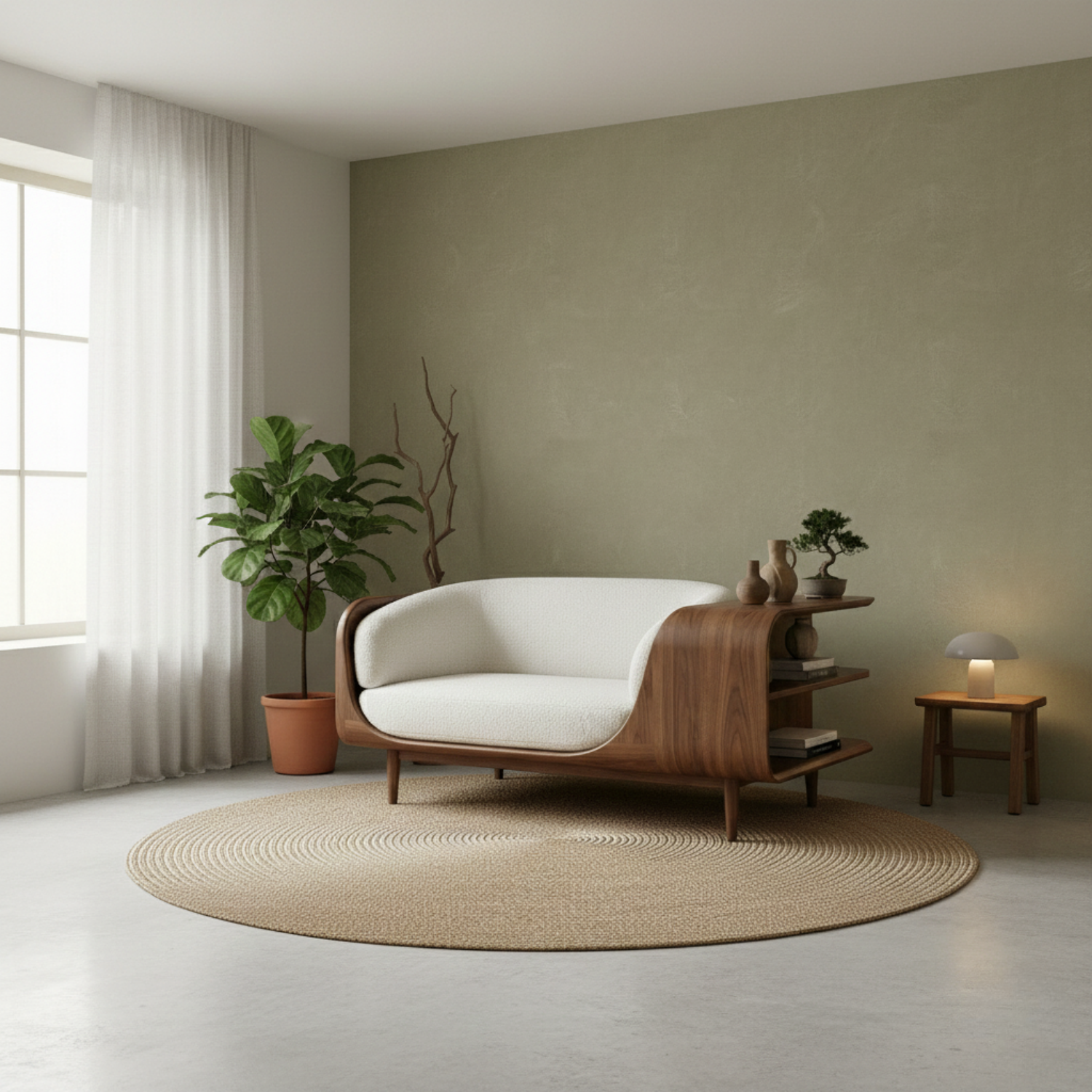 Handcrafted Solid Wood Organic Modern Sofa with Integrated Sculpted Side Shelves Lynnsnail