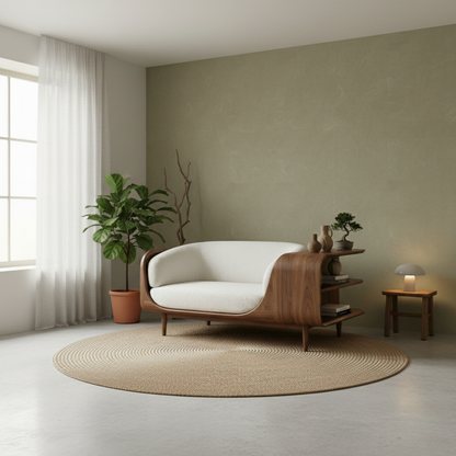 Handcrafted Solid Wood Organic Modern Sofa with Integrated Sculpted Side Shelves Lynnsnail