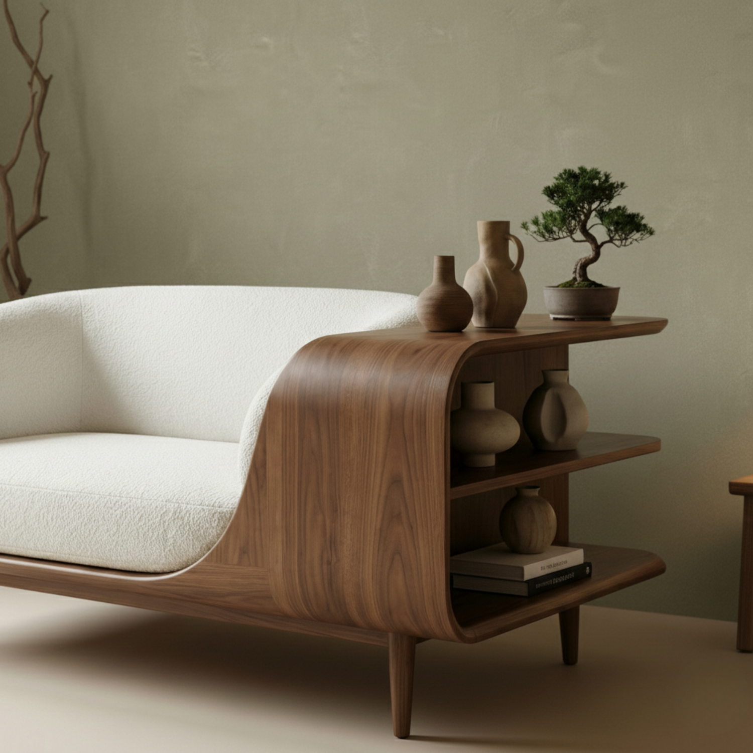 Handcrafted Solid Wood Organic Modern Sofa with Integrated Sculpted Side Shelves Lynnsnail