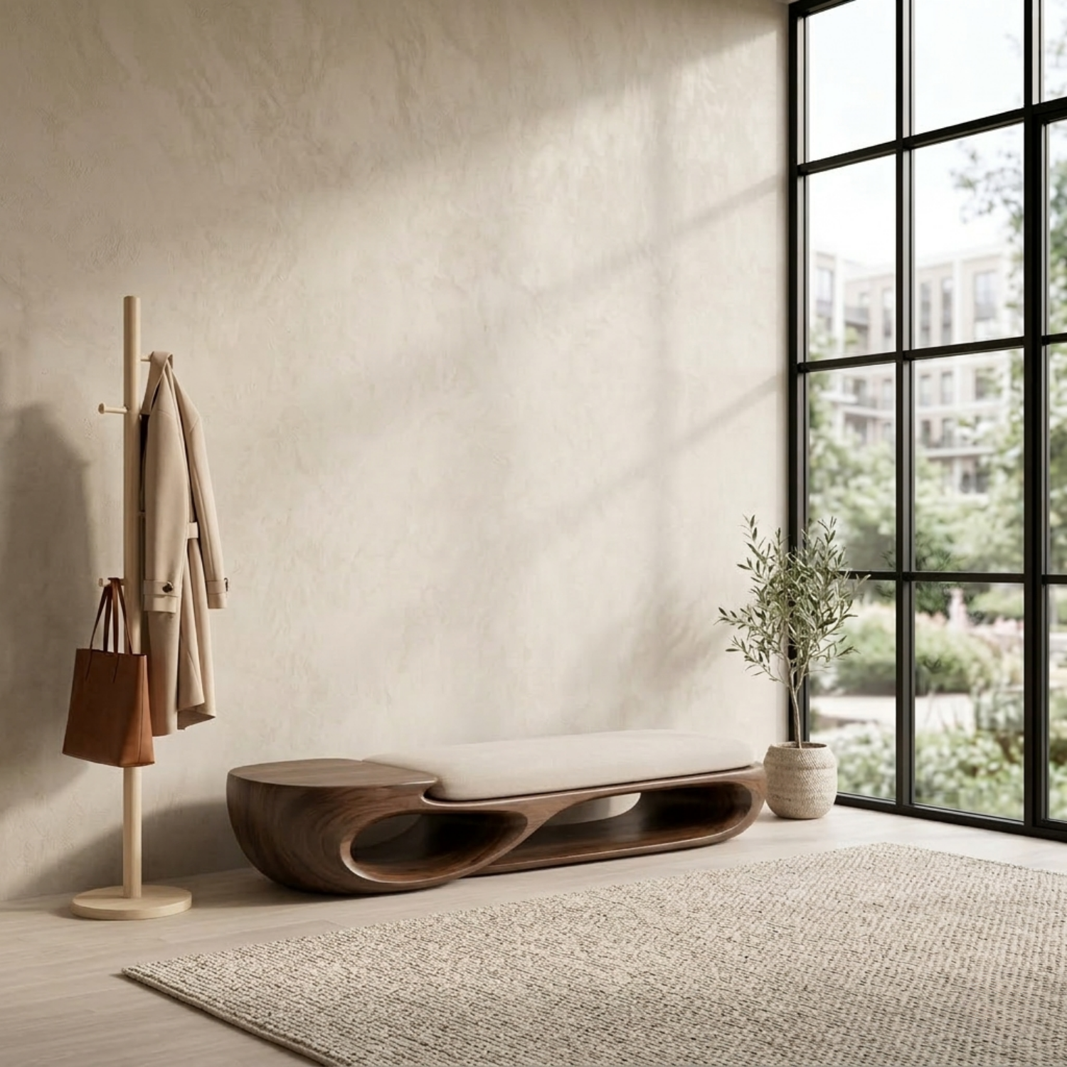 Double Curve Solid Wood Entryway Bench – Sculptural Modern Organic Design Lynnsnail