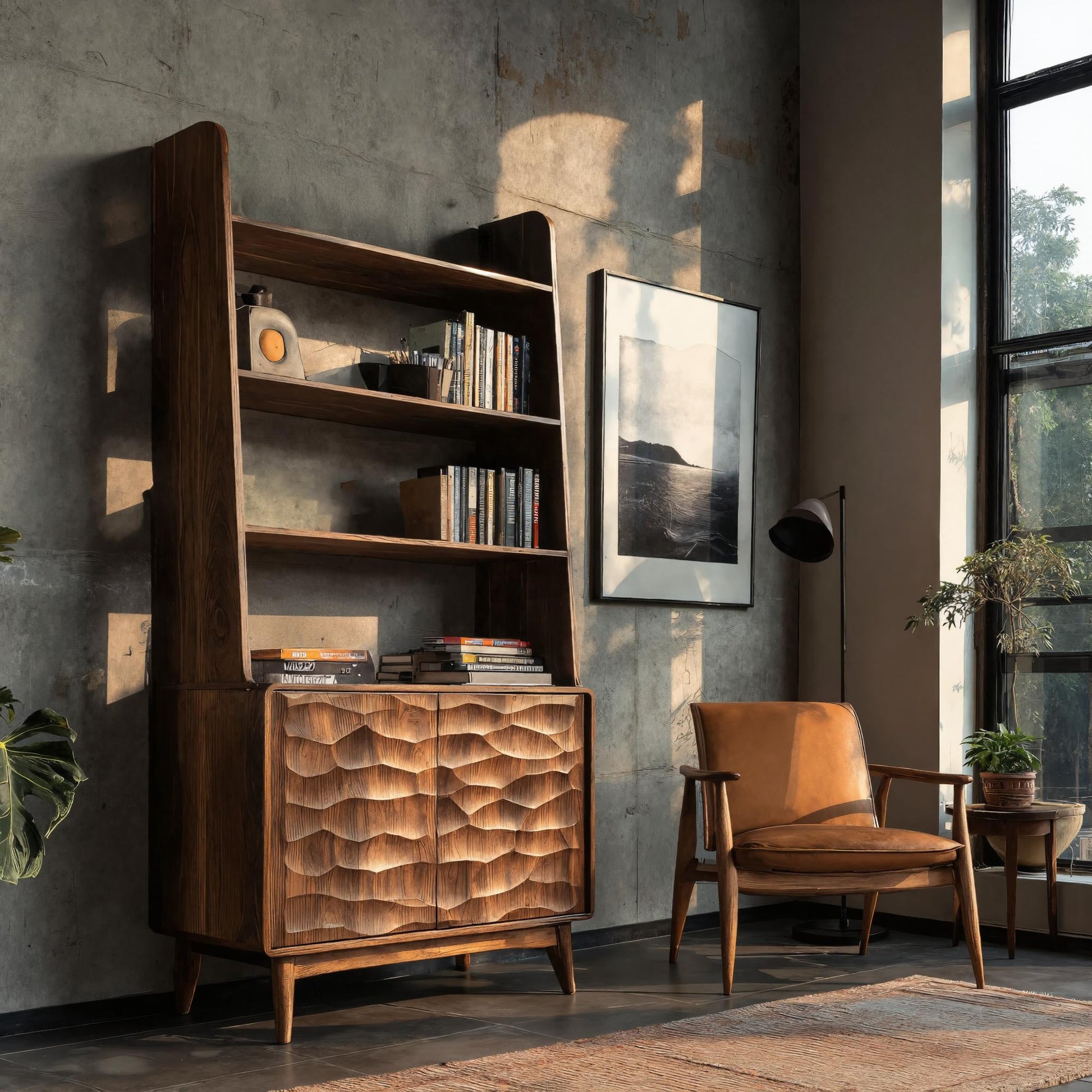 Modern Bookshelf With Carved Wave Cabinet Doors For Home Lynnsnail