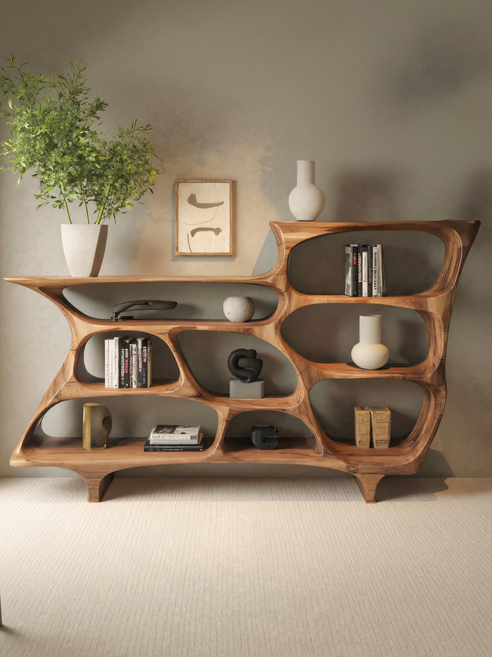 Contemporary Organic Bookshelf With Open Shelves For Living Room Or Office Lynnsnail