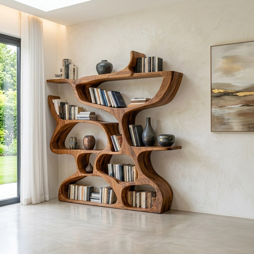 Modern Bookshelf With Organic Carved Design For Living Room Or Office Lynnsnail
