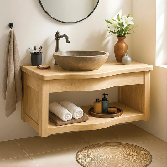 Handcrafted Solid Wood Floating Vanity with Curved Edge Design and Open Shelf Bathroom Storage Lynnsnail