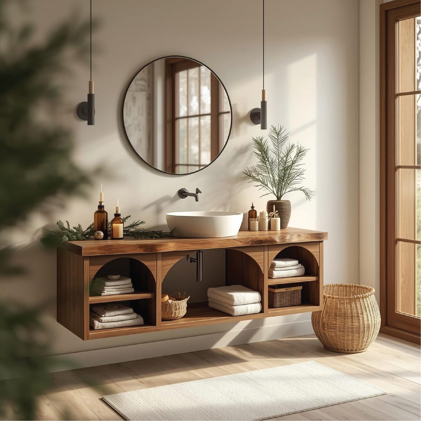 Handcrafted Solid Wood Floating Vanity with Arched Shelves and Natural Live Edge Design Lynnsnail