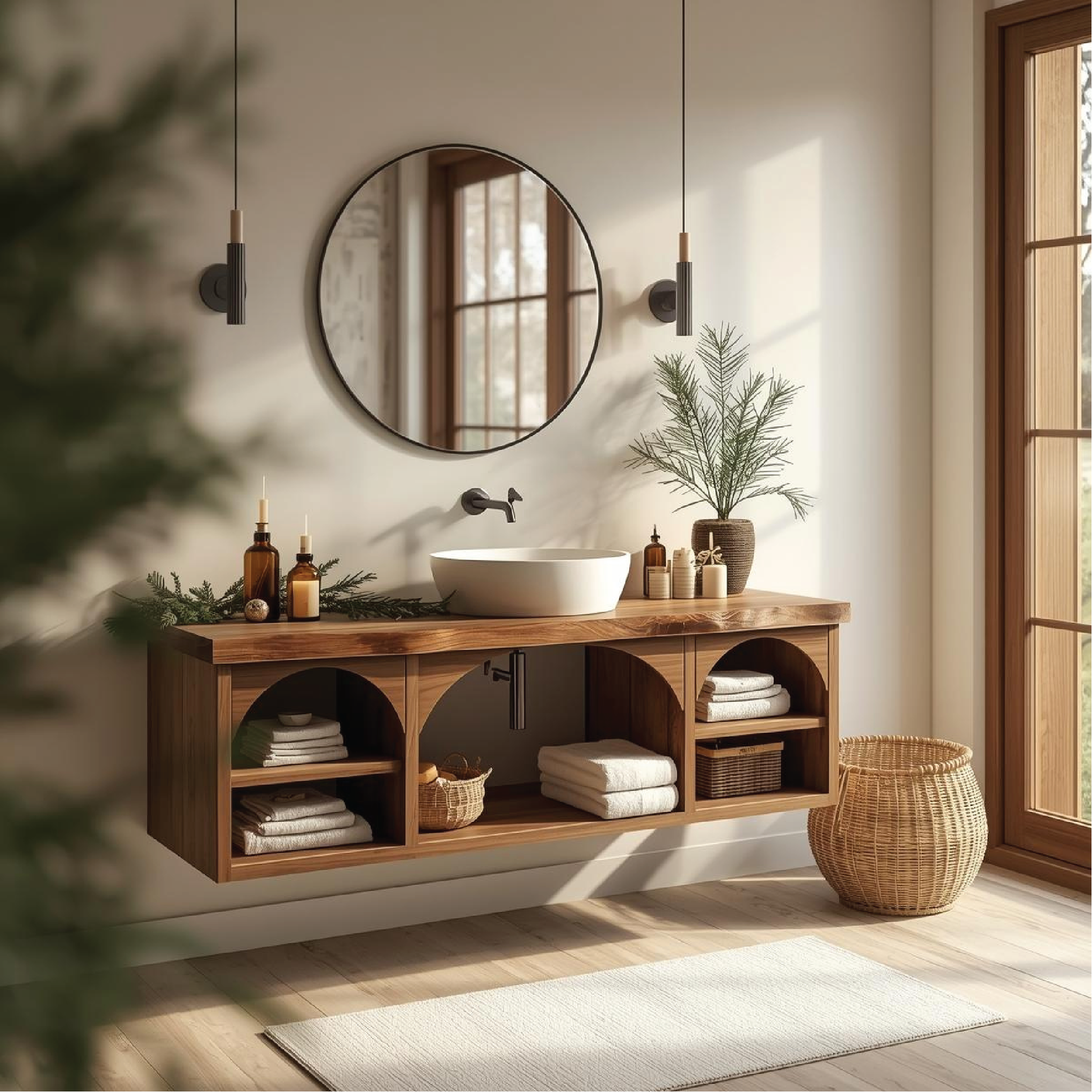 Handcrafted Solid Wood Floating Vanity with Arched Shelves and Natural Live Edge Design Lynnsnail