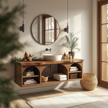 Handcrafted Solid Wood Floating Vanity with Arched Shelves and Natural Live Edge Design Lynnsnail