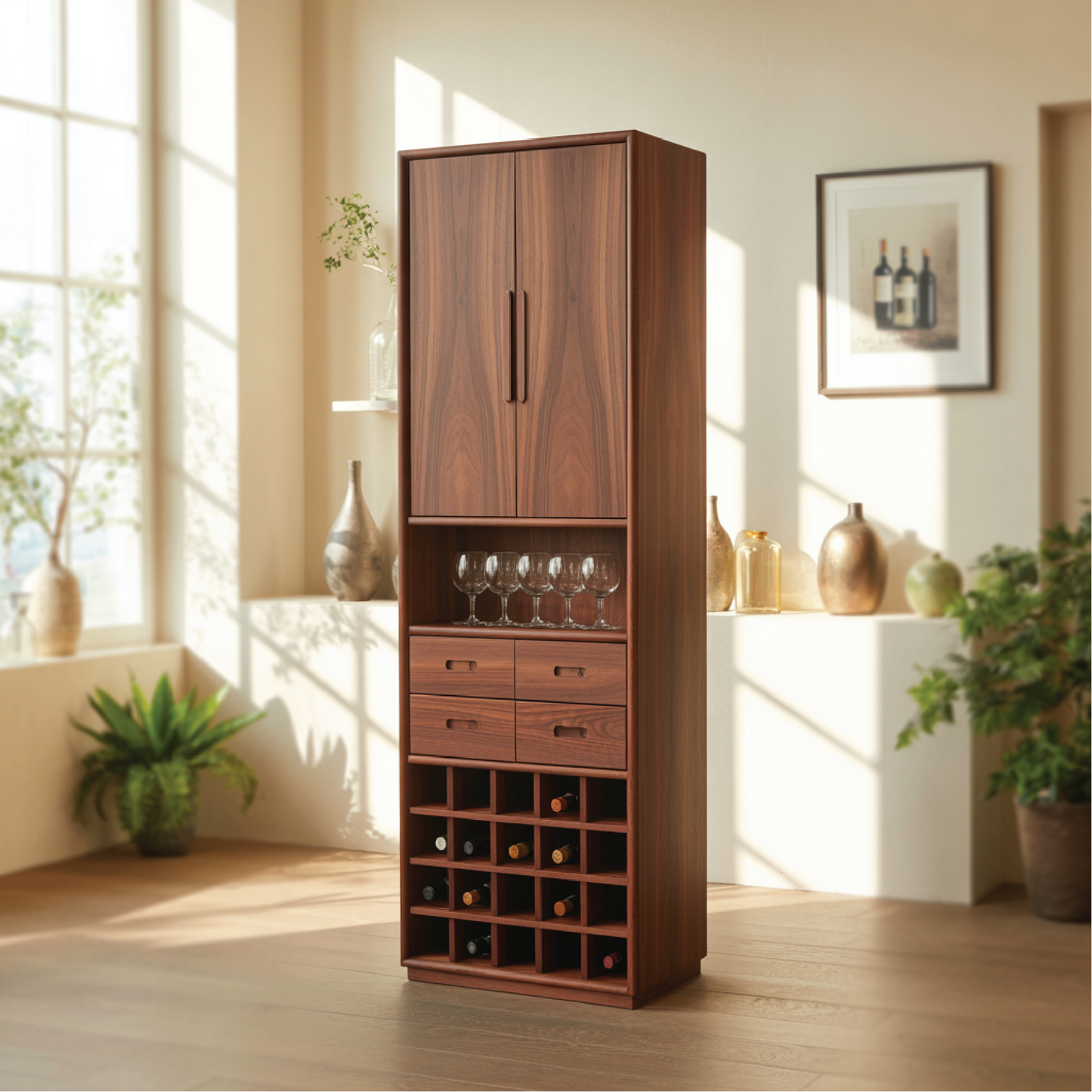 Handcrafted Solid Wood Dining Cabinet with Tall Doors, Wine Storage Grid and Four Drawers Lynnsnail