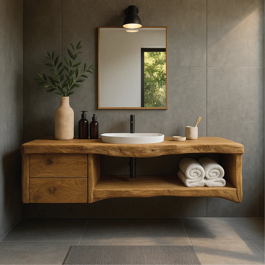 Handcrafted Solid Wood Floating Vanity with Natural Live Edge Design and Modern Minimalist Style Lynnsnail