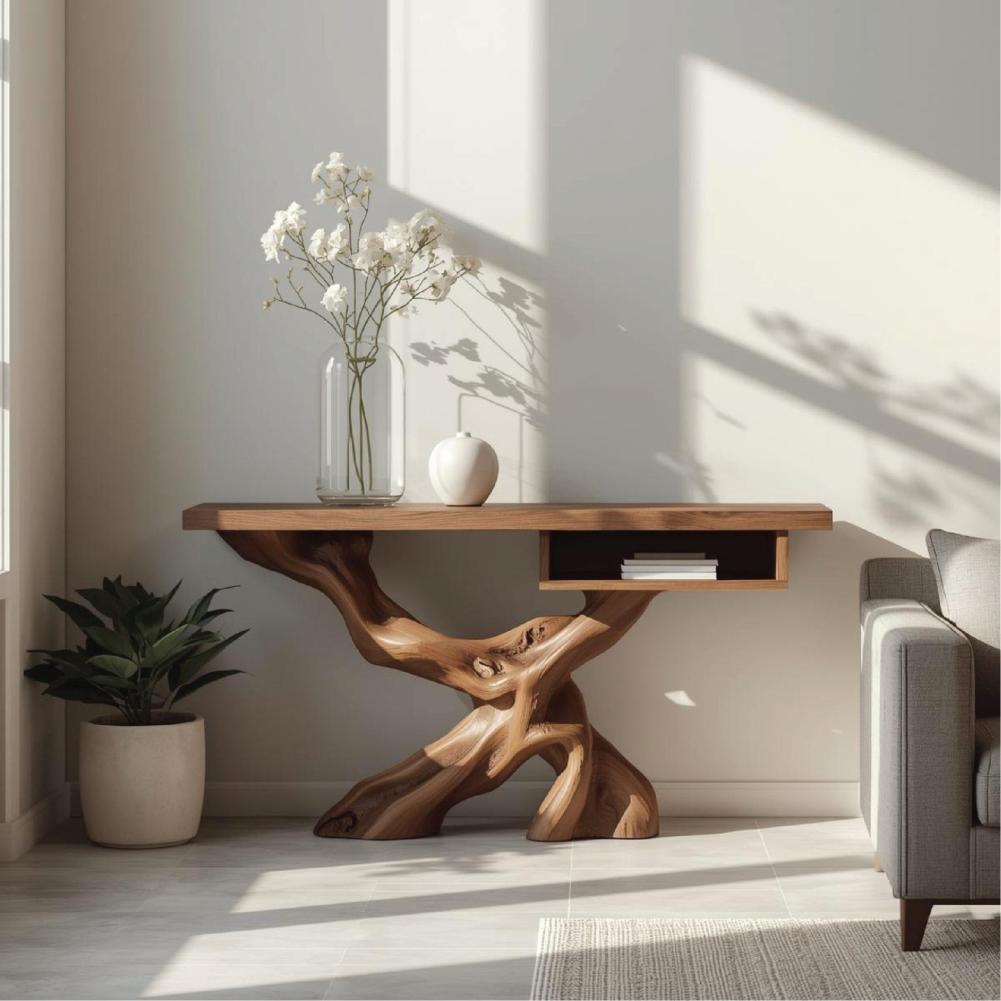 Handcrafted Solid Wood Console Table with Organic Tree-Root Base and Floating Shelf Design Lynnsnail