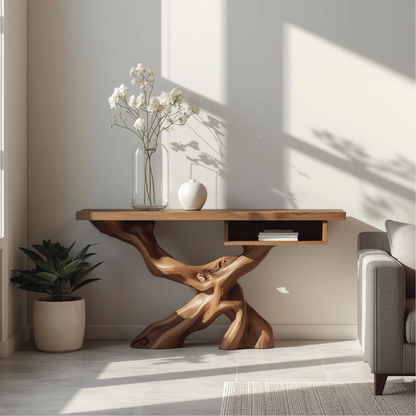 Handcrafted Solid Wood Console Table with Organic Tree-Root Base and Floating Shelf Design Lynnsnail