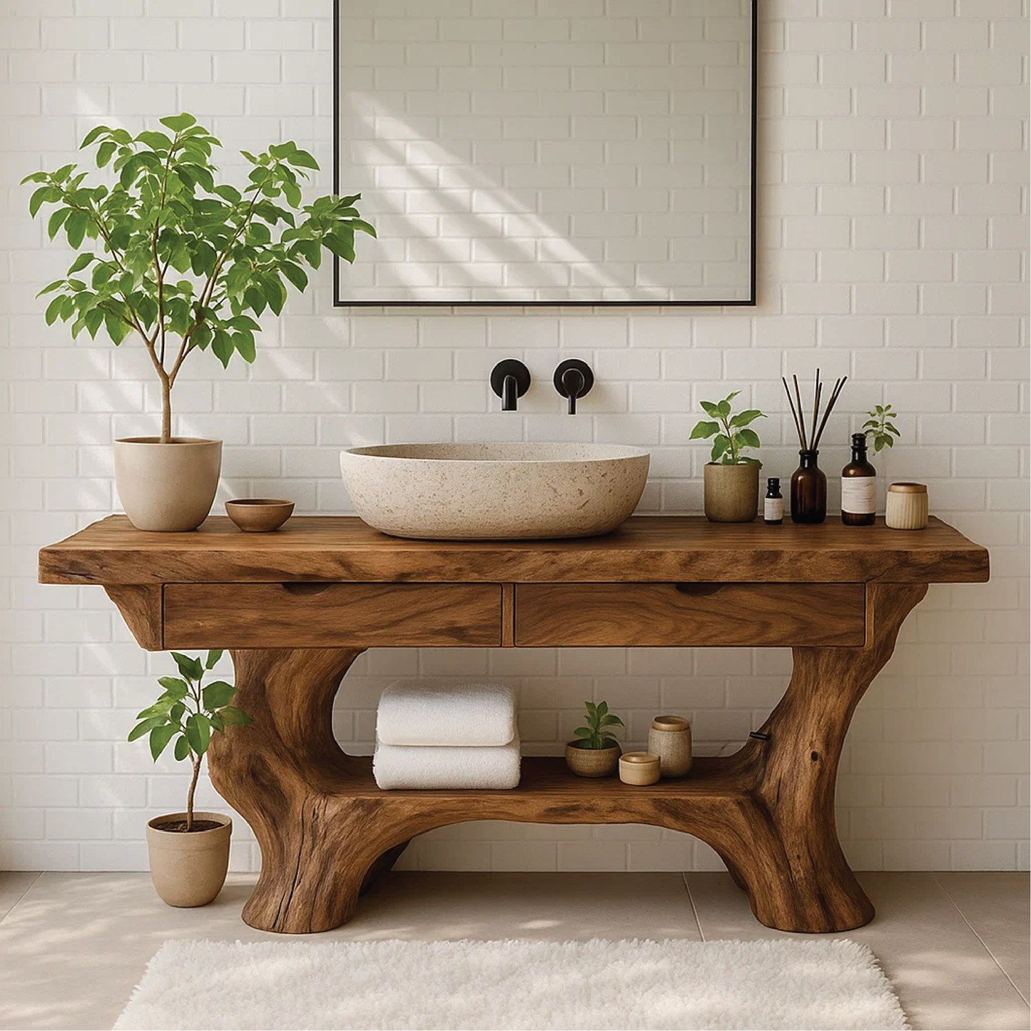 Handcrafted Solid Wood Vanity with Organic Curved Base and Natural Live Edge Design Lynnsnail