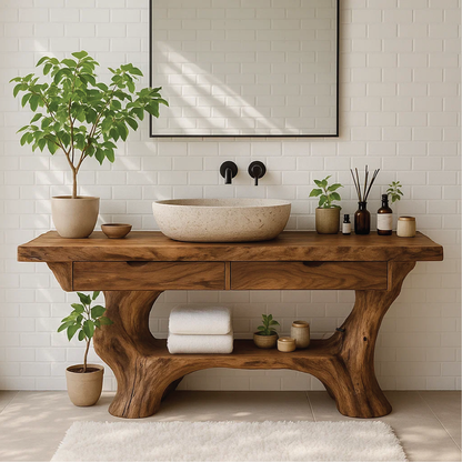 Handcrafted Solid Wood Vanity with Organic Curved Base and Natural Live Edge Design Lynnsnail