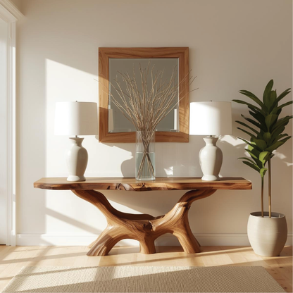 Handcrafted Solid Wood Console Table with Natural Live Edge and Organic Sculptural Base Lynnsnail