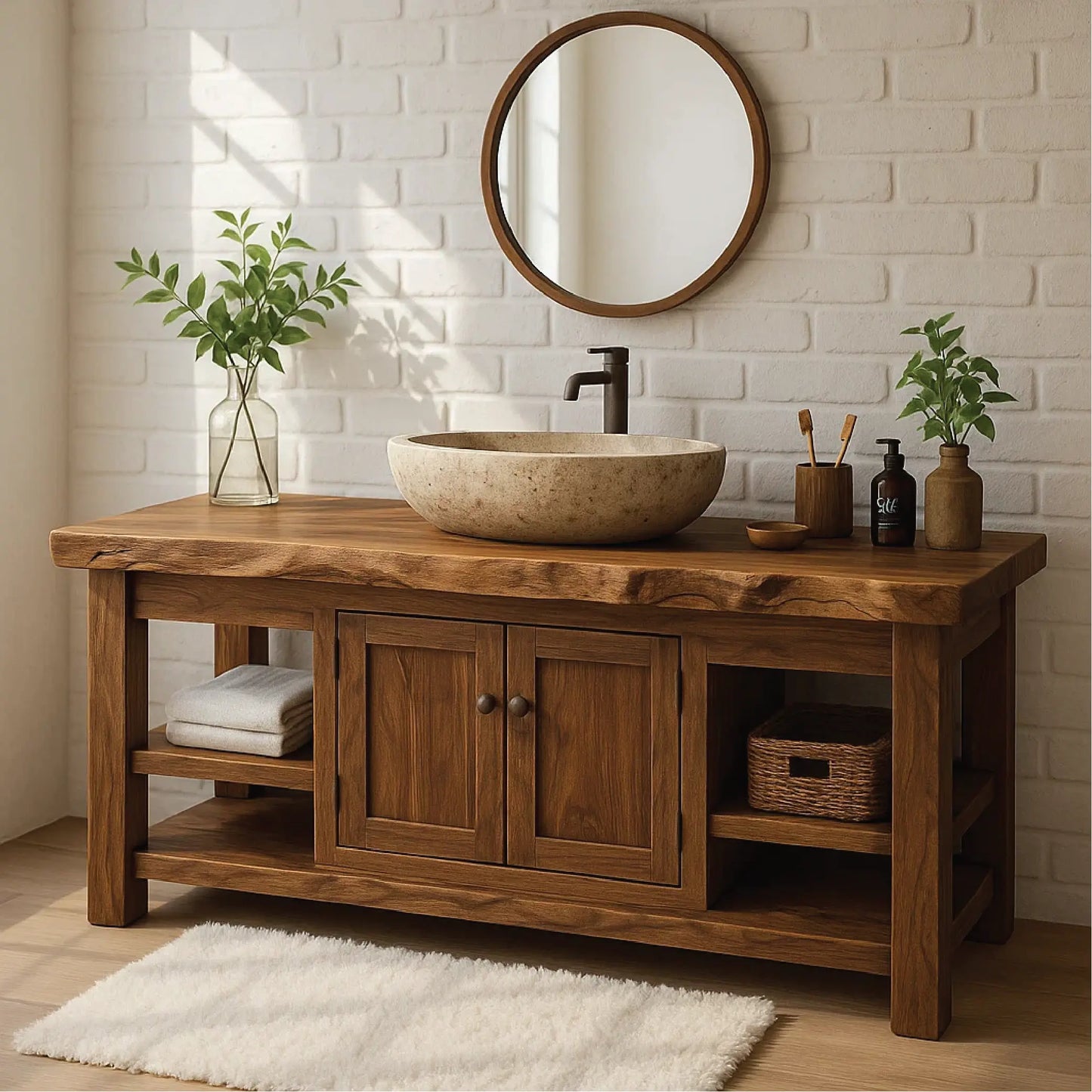 Handcrafted Solid Wood Vanity with Natural Live Edge and Double Door Storage Design Lynnsnail