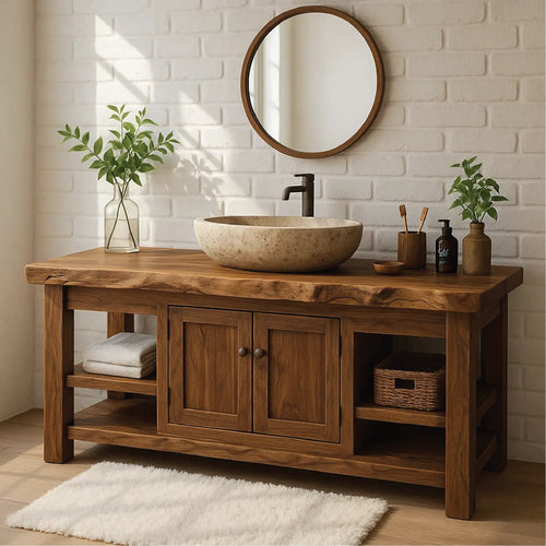 Handcrafted Solid Wood Vanity with Natural Live Edge and Double Door Storage Design Lynnsnail