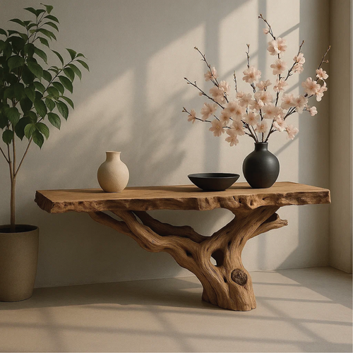 Handcrafted Solid Wood Console Table with Natural Root Base and Organic Live Edge Design Lynnsnail