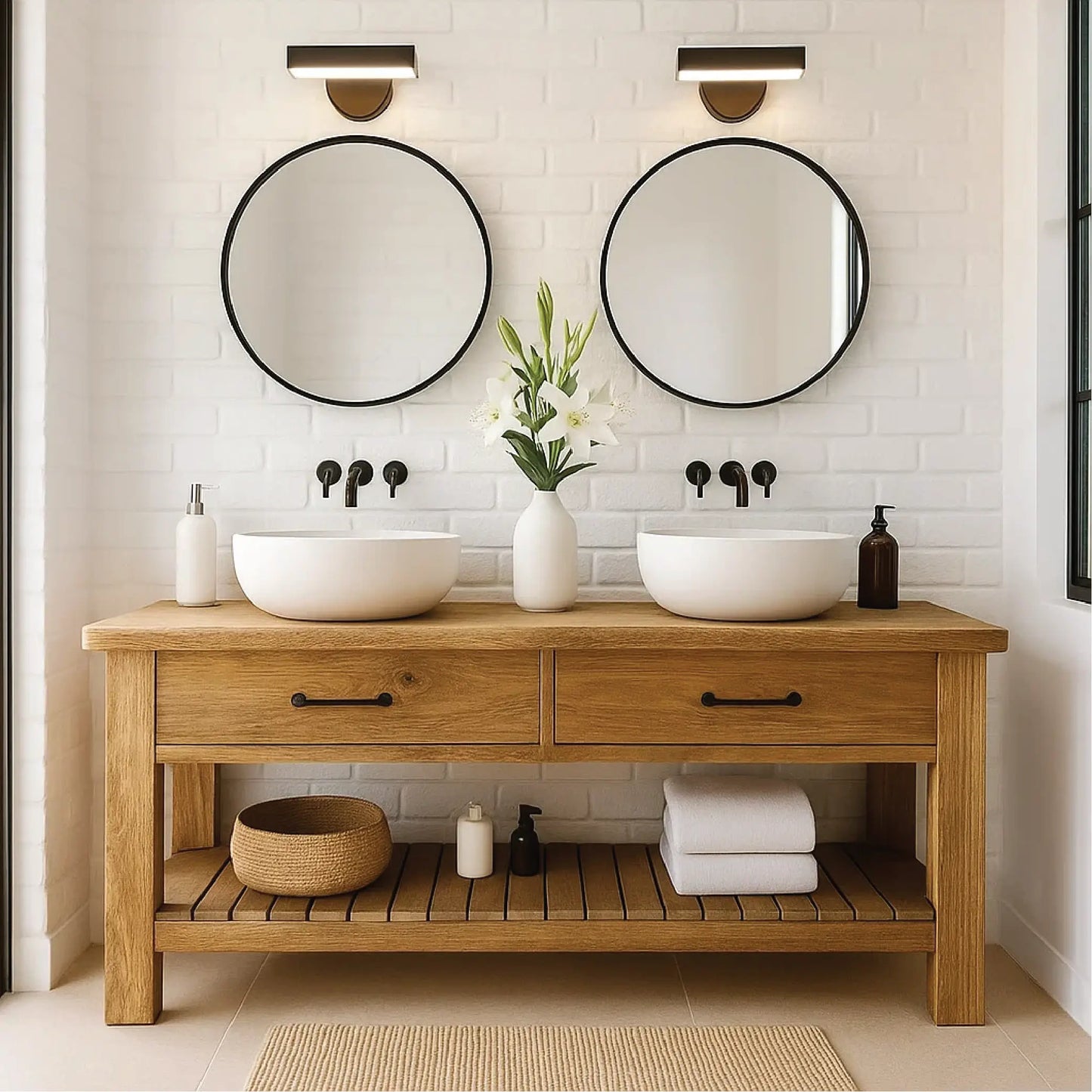 Handcrafted Double Solid Wood Bathroom Vanity with Drawers and Slatted Shelf for Modern Homes Lynnsnail