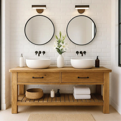 Handcrafted Double Solid Wood Bathroom Vanity with Drawers and Slatted Shelf for Modern Homes Lynnsnail